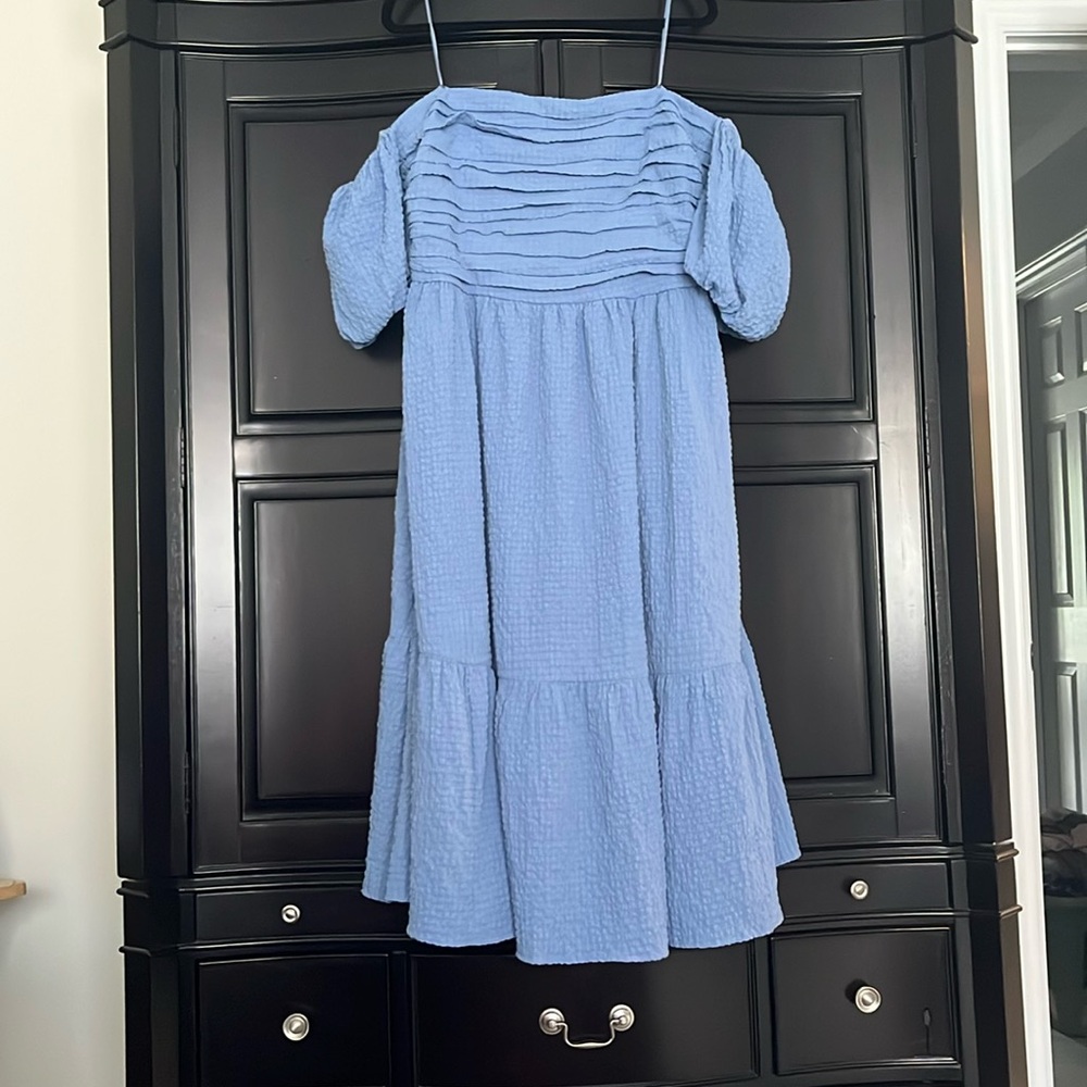 Abercrombie & Fitch Blue Puff off the shoulder Sleeve Midi Dress Emerson Poplin
